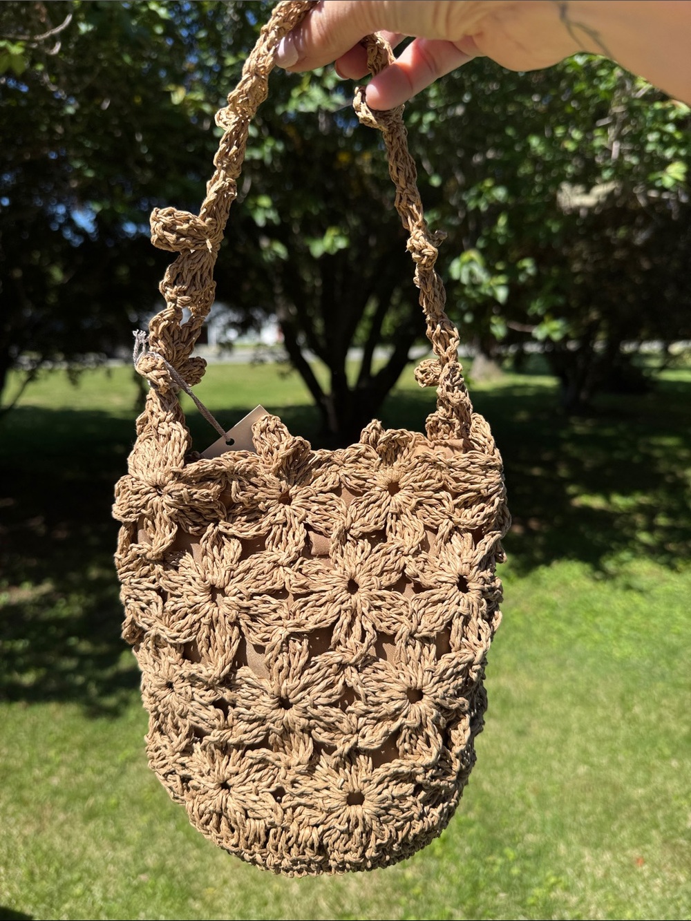 New!! a new day Tan Crochet Floral Shoulder Bag